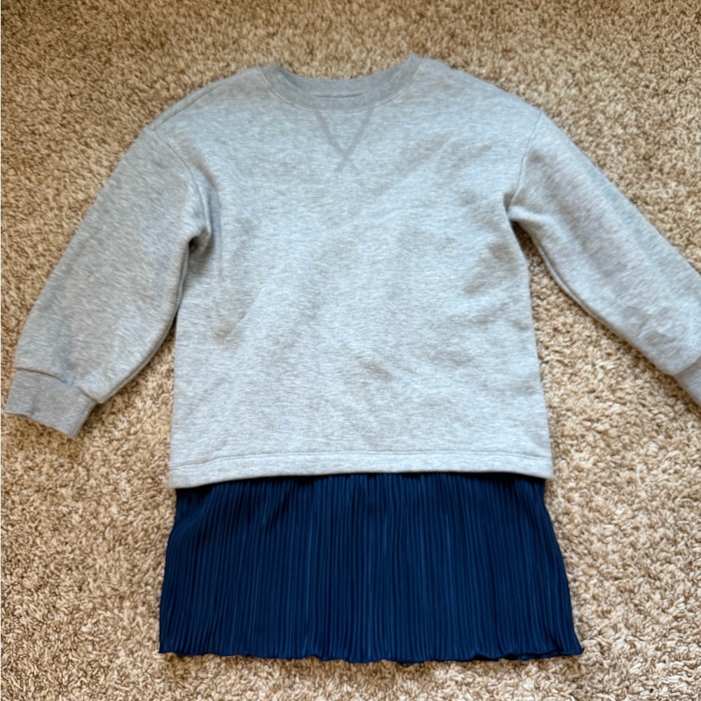 Girls Gray Sweatshirt Dress with Navy Pleated Hem